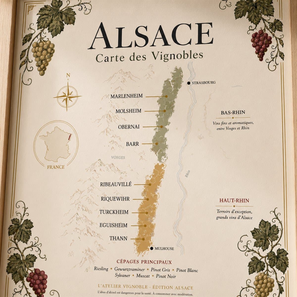 Détail de l'affiche Alsace : cépages et signature de l'atelier
