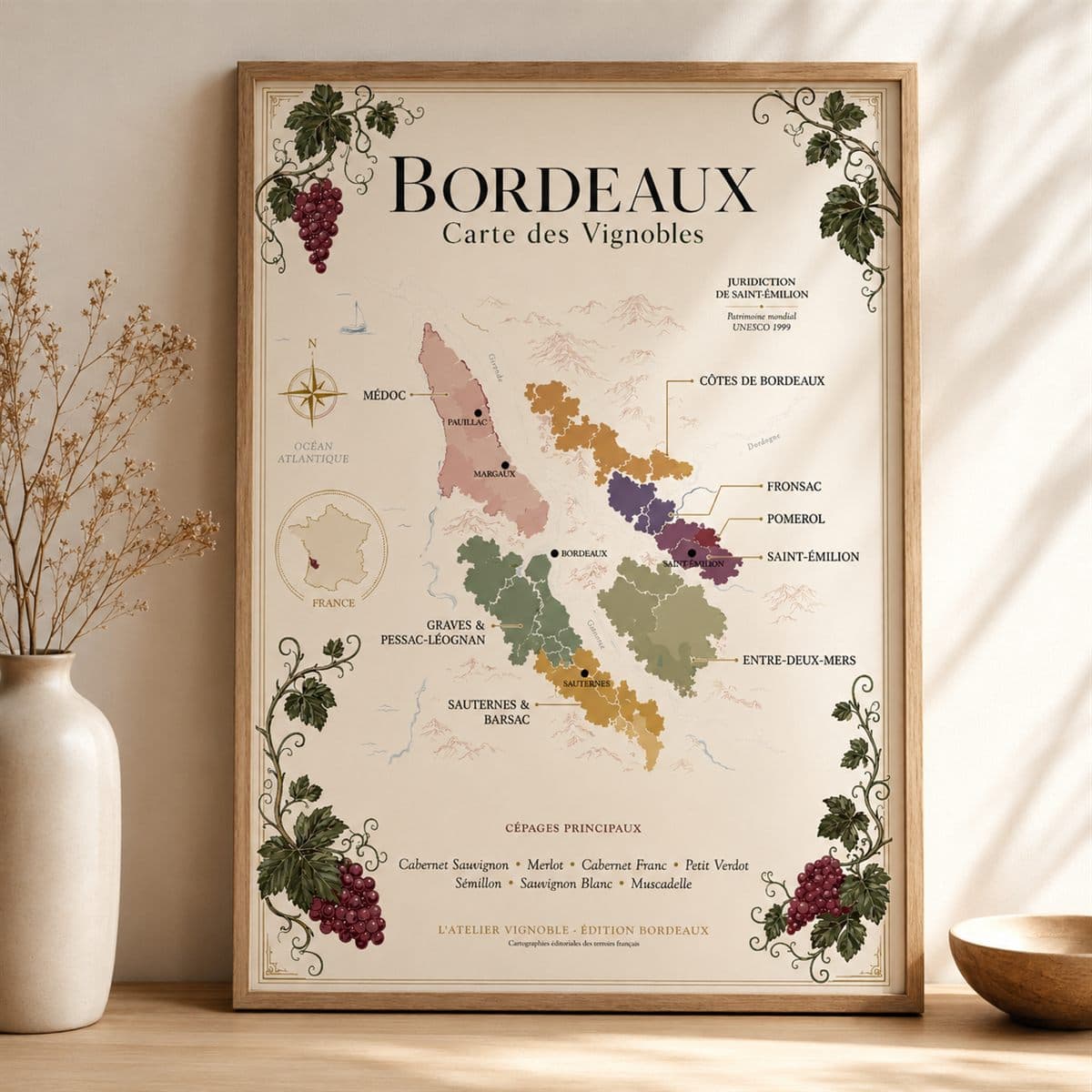 Affiche Bordeaux, carte des vignobles, présentée encadrée