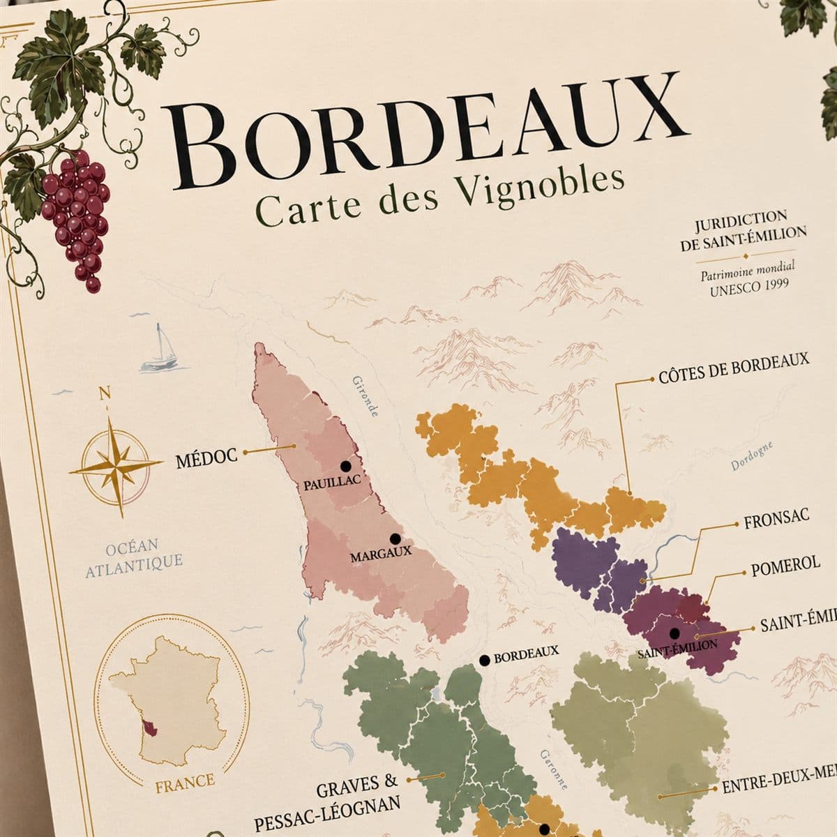 Détail de l'affiche Bordeaux : titre, rose des vents et appellations