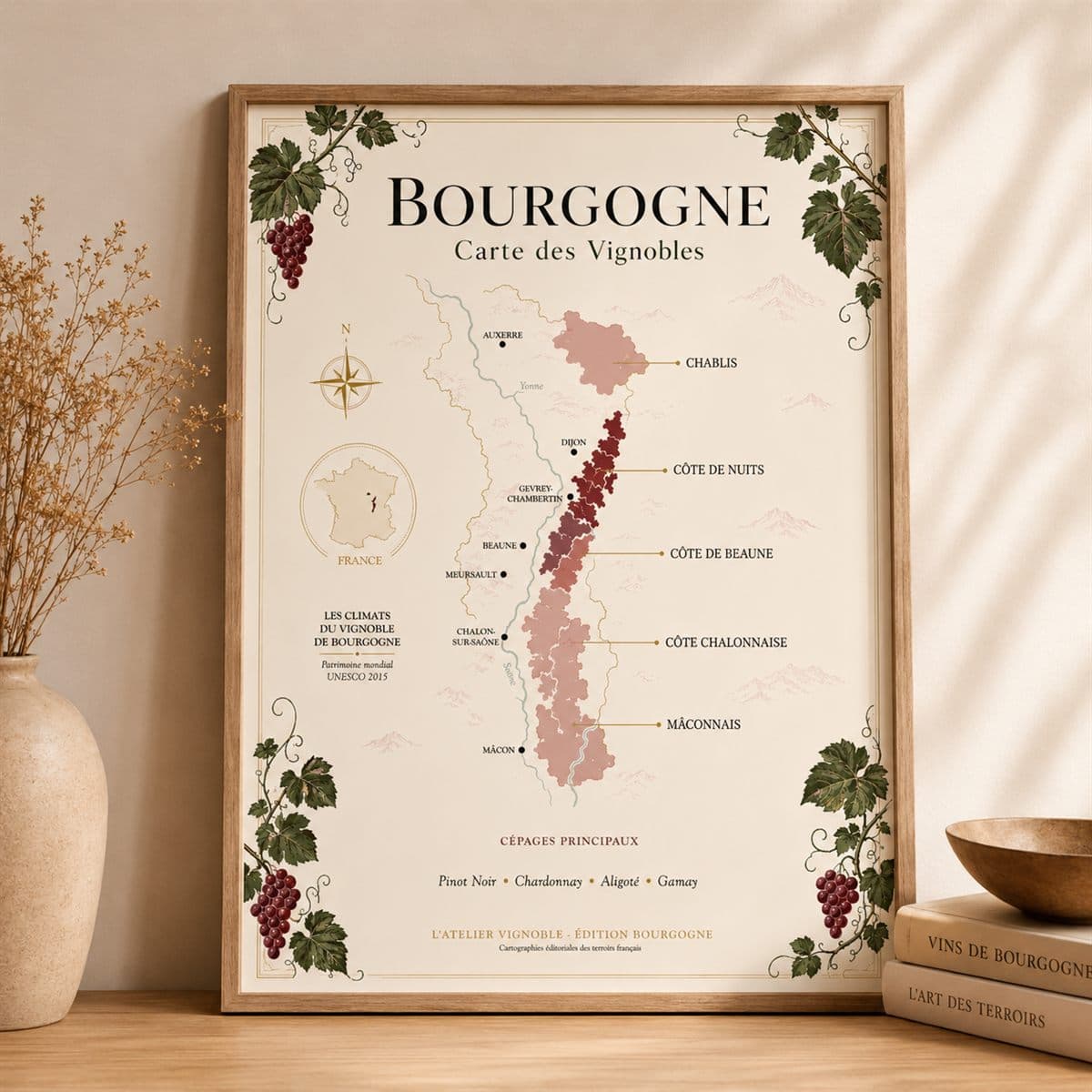 Affiche Bourgogne, carte des vignobles, présentée encadrée