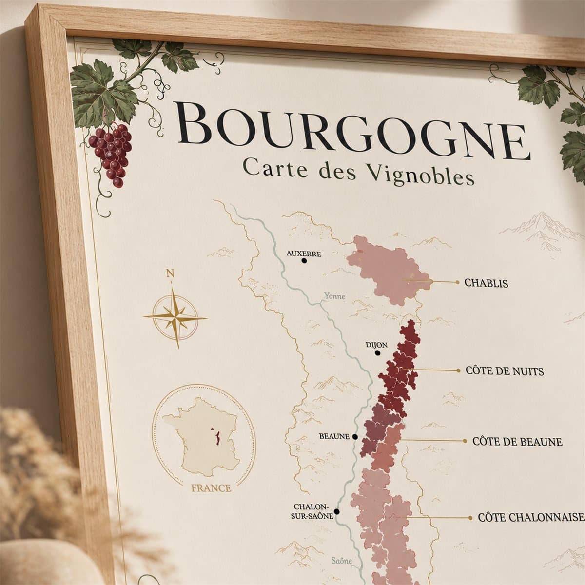 Détail de l'affiche Bourgogne : titre et carte des appellations