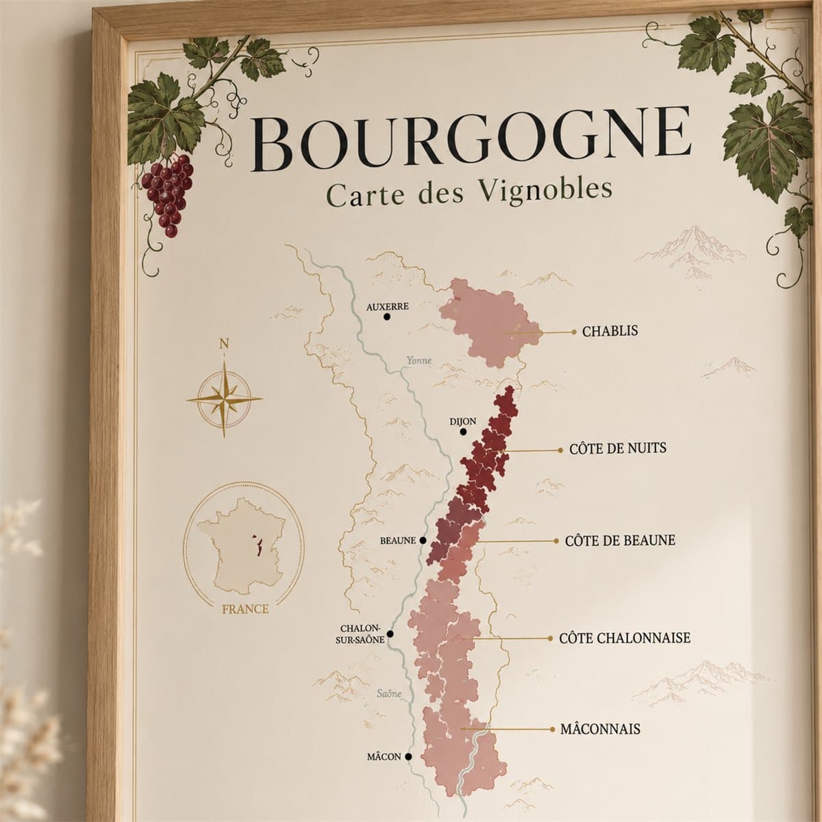 Détail de l'affiche Bourgogne : cépages et signature de l'atelier