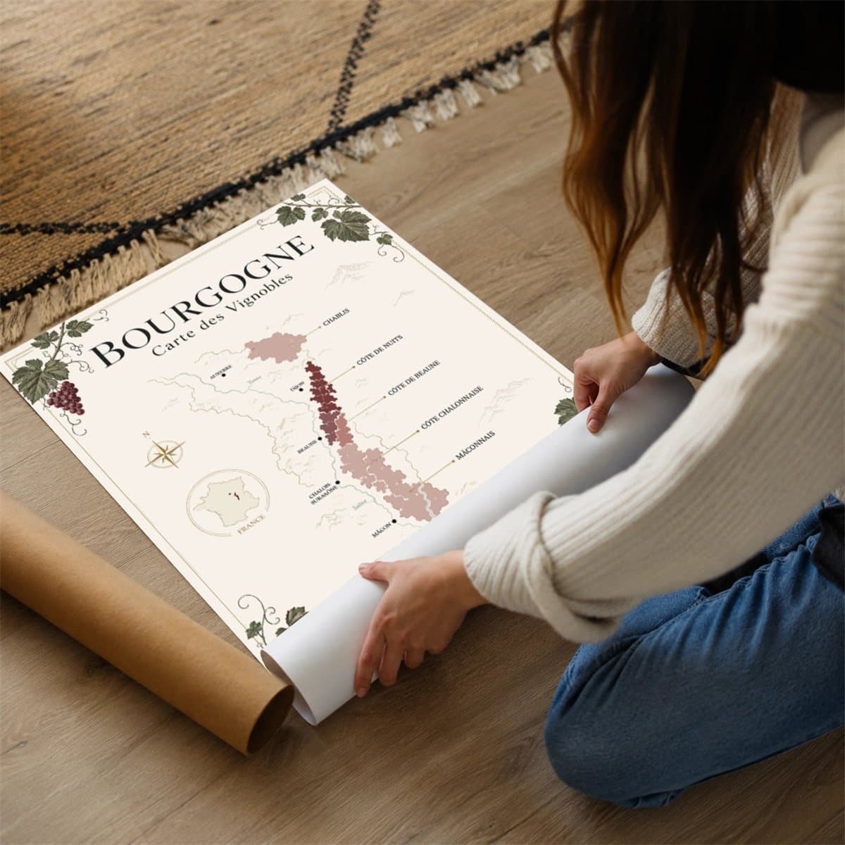 Affiche Bourgogne déroulée à la réception, avec son tube d'expédition