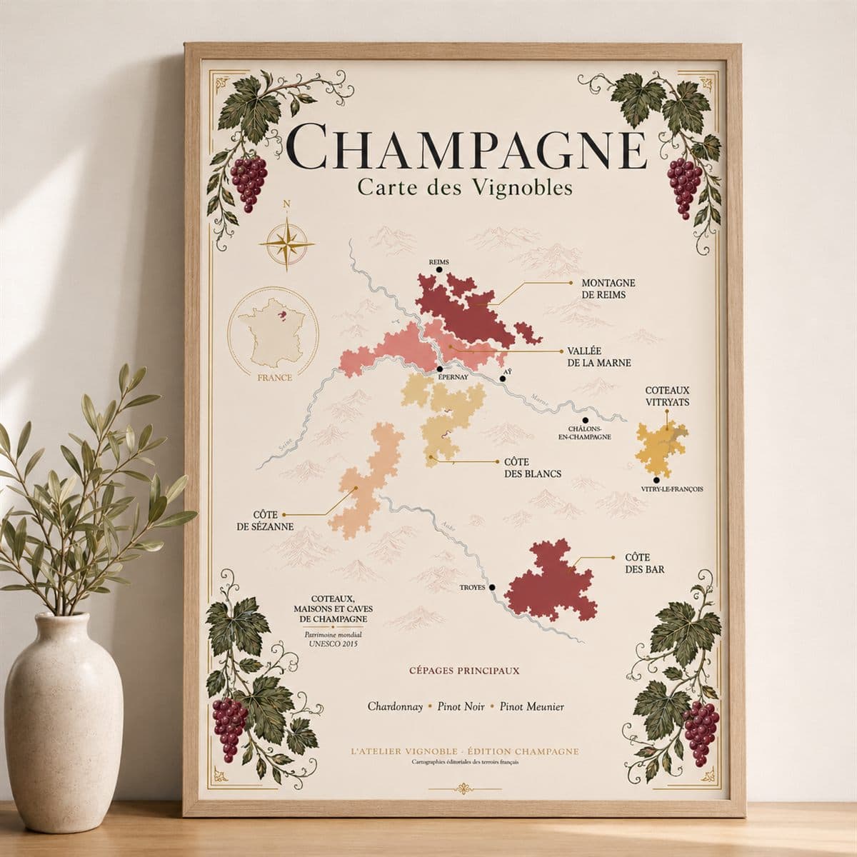 Affiche Champagne, carte des vignobles, présentée encadrée