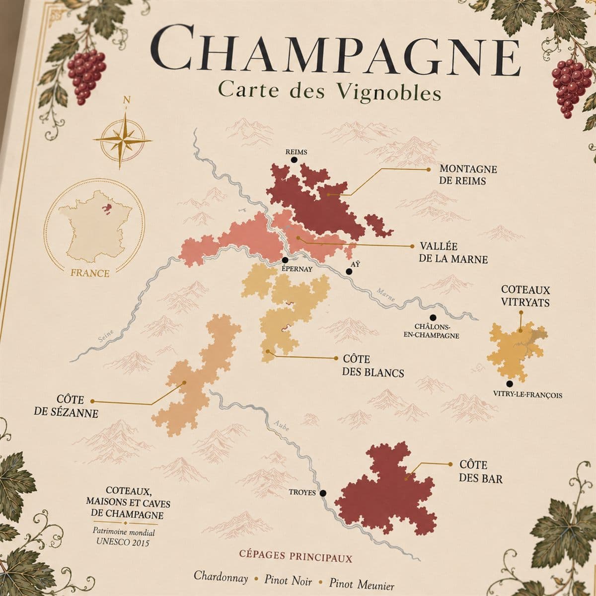 Détail de l'affiche Champagne : titre et carte des appellations