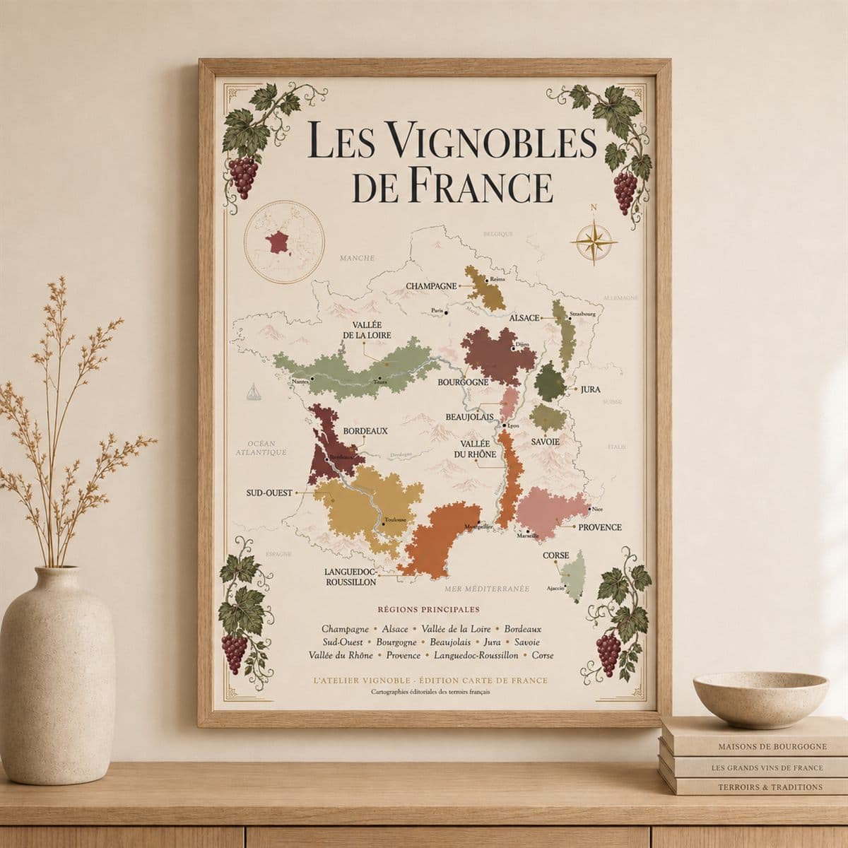 Affiche Les Vignobles de France, carte des vignobles, présentée encadrée
