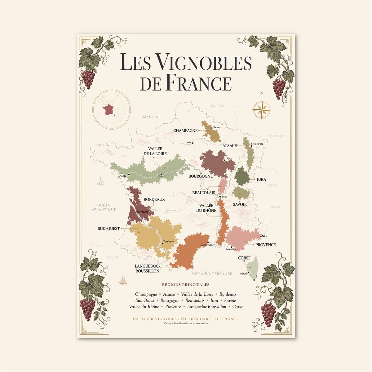 Affiche Les Vignobles de France en entier, carte des vignobles 50 × 70 cm
