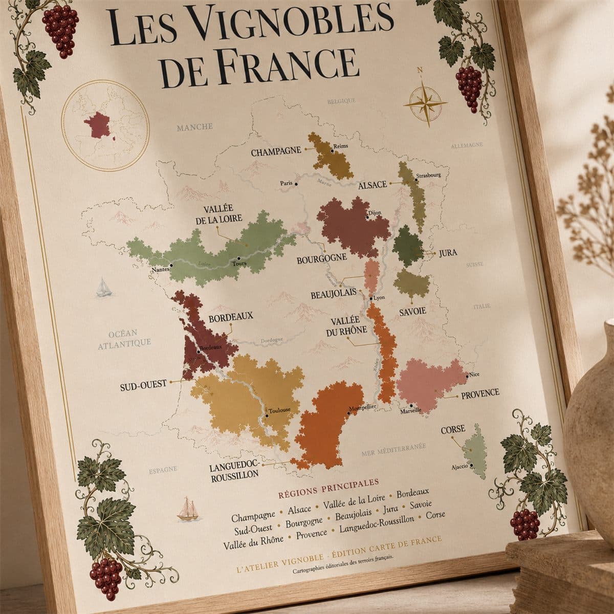 Affiche Les Vignobles de France encadrée, vue de biais