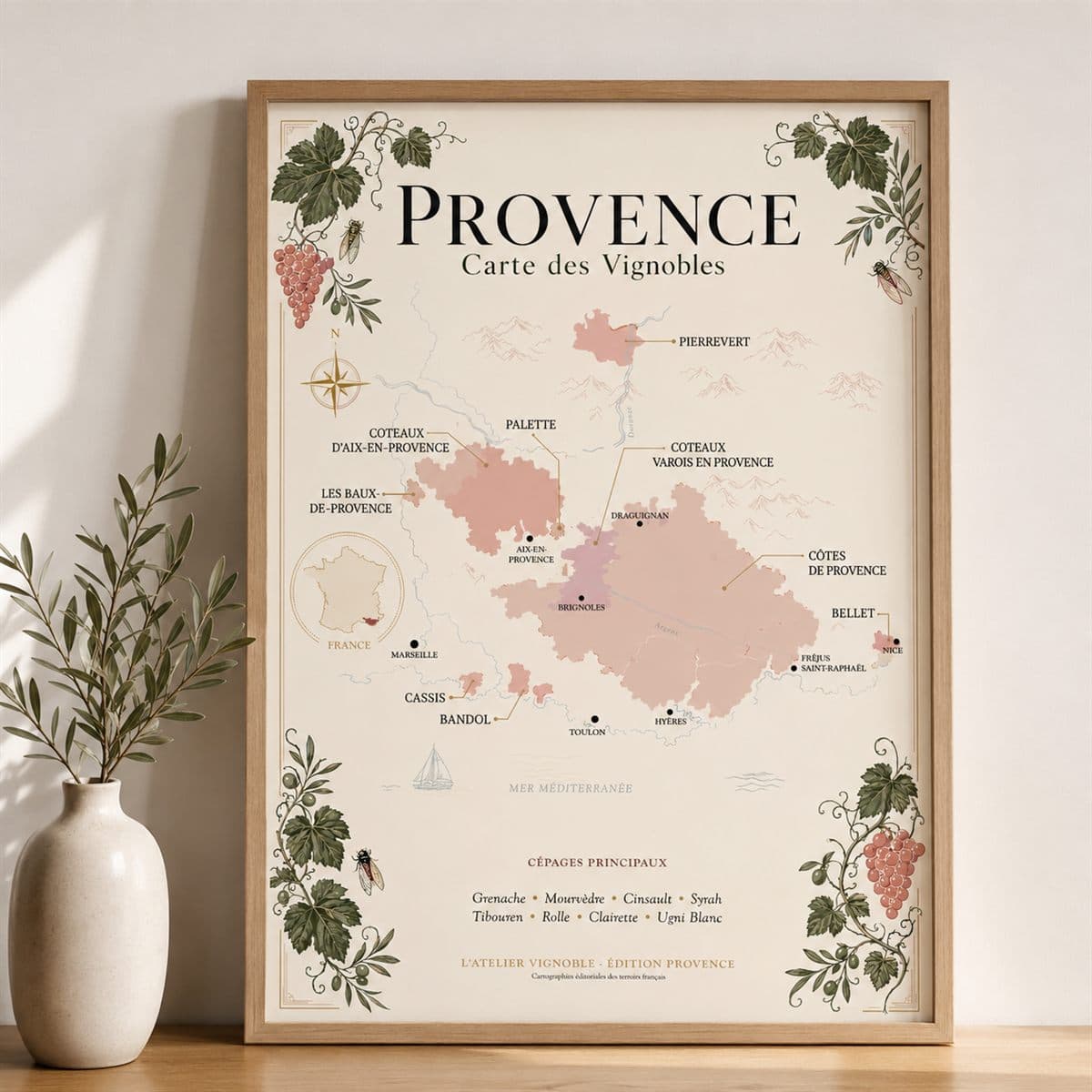 Affiche Provence, carte des vignobles, présentée encadrée