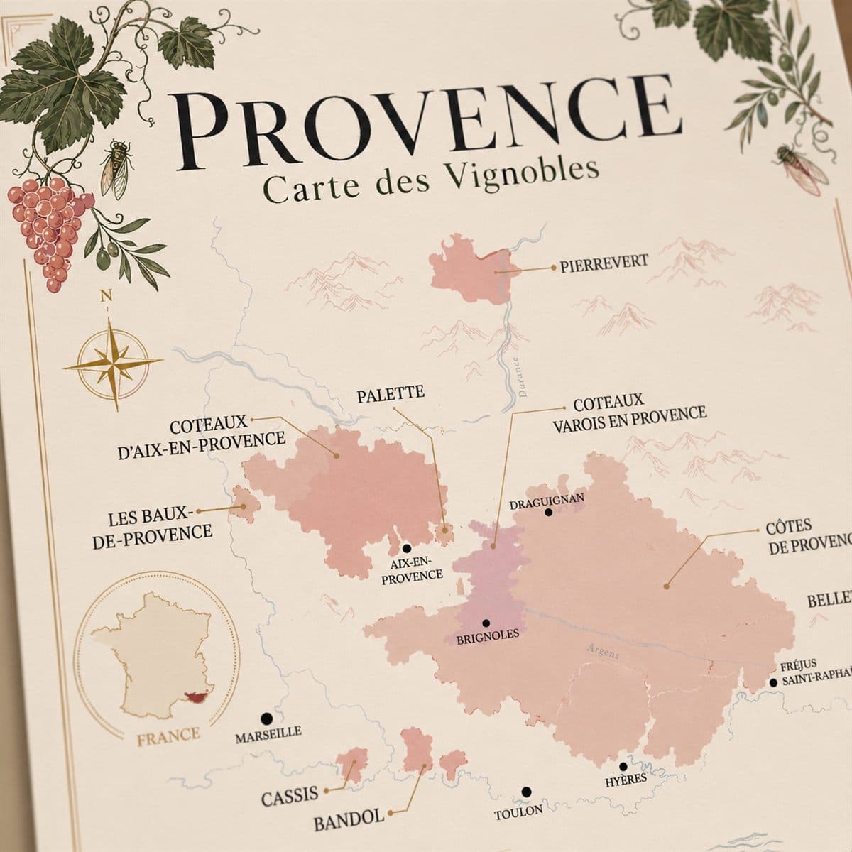 Détail de l'affiche Provence : cépages et signature de l'atelier