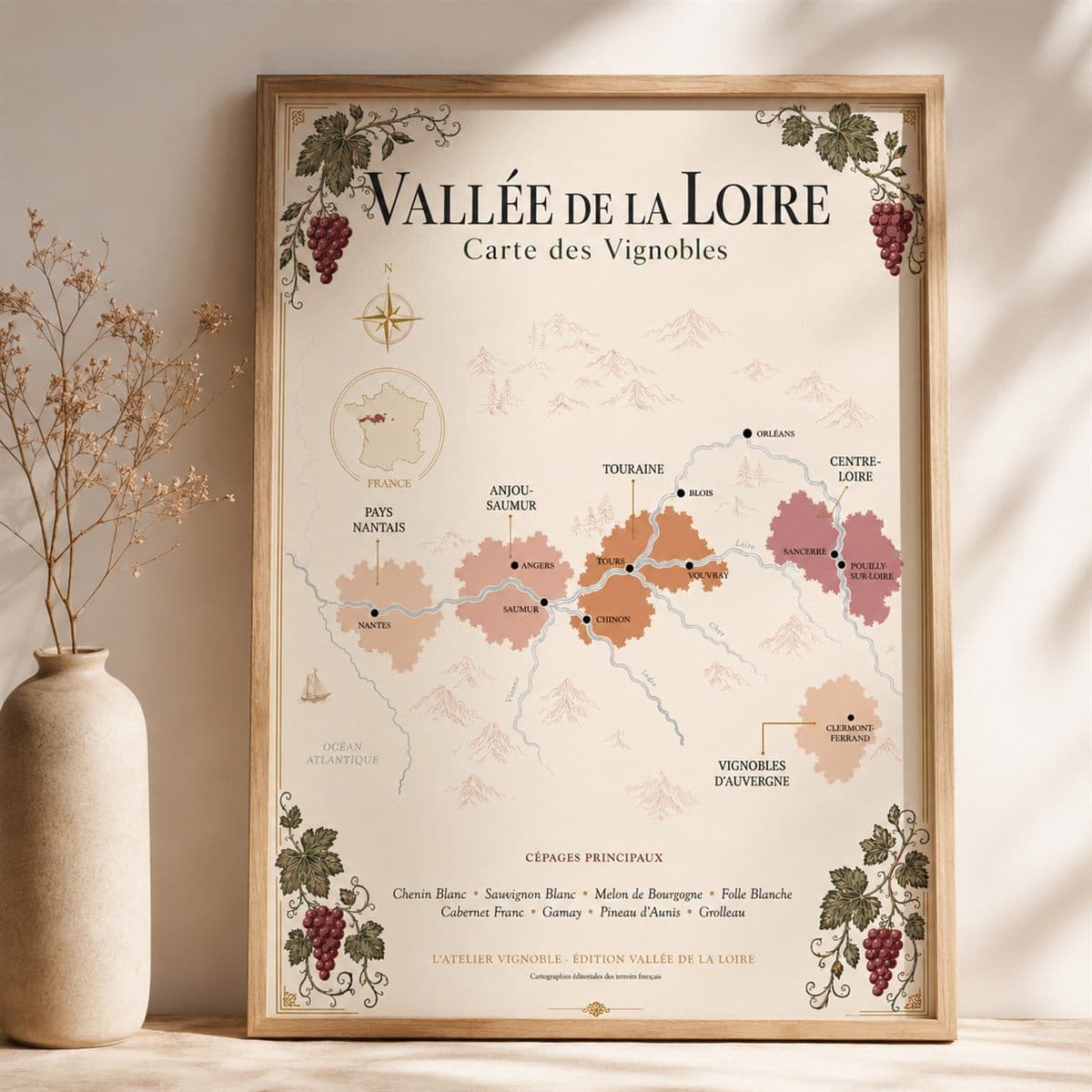Affiche Vallée de la Loire, carte des vignobles, présentée encadrée