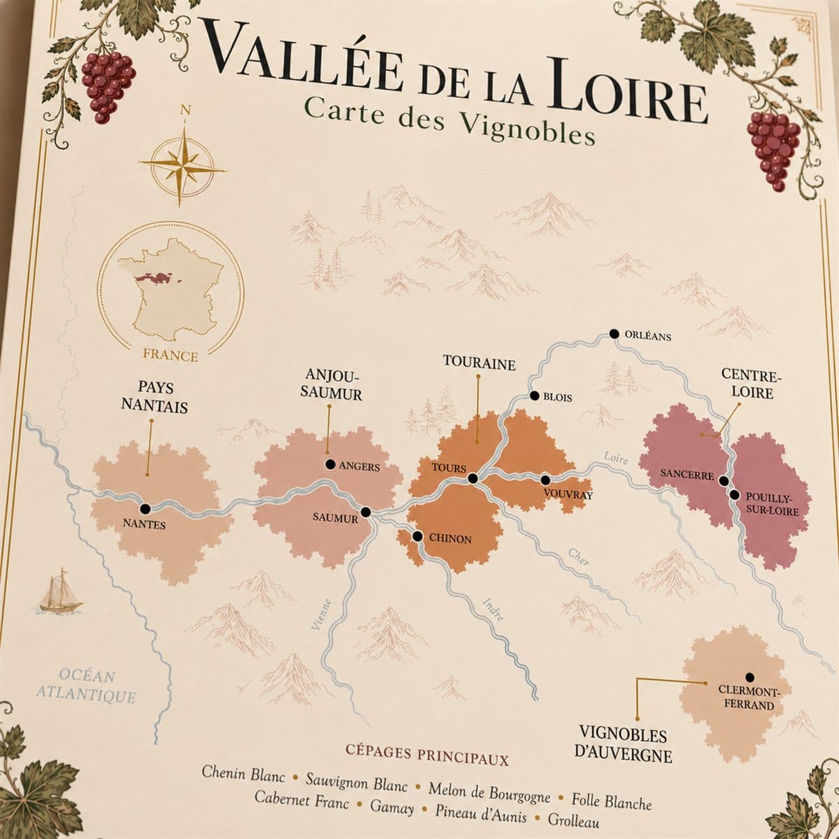 Détail de l'affiche Vallée de la Loire : titre et carte des appellations
