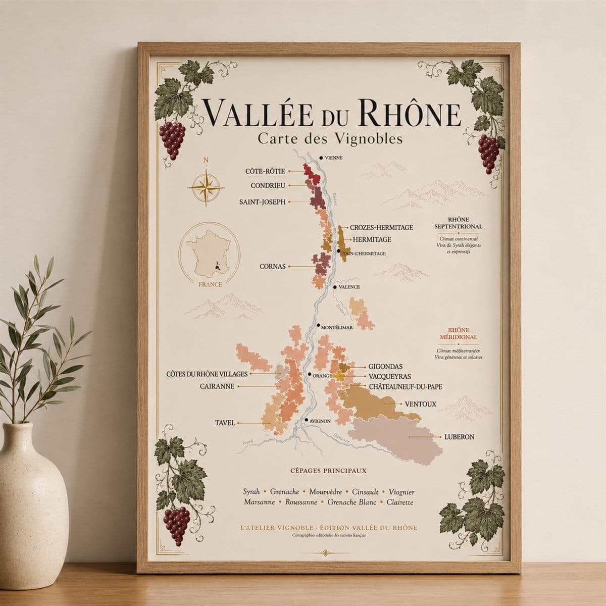 Affiche Vallée du Rhône, carte des vignobles, présentée encadrée