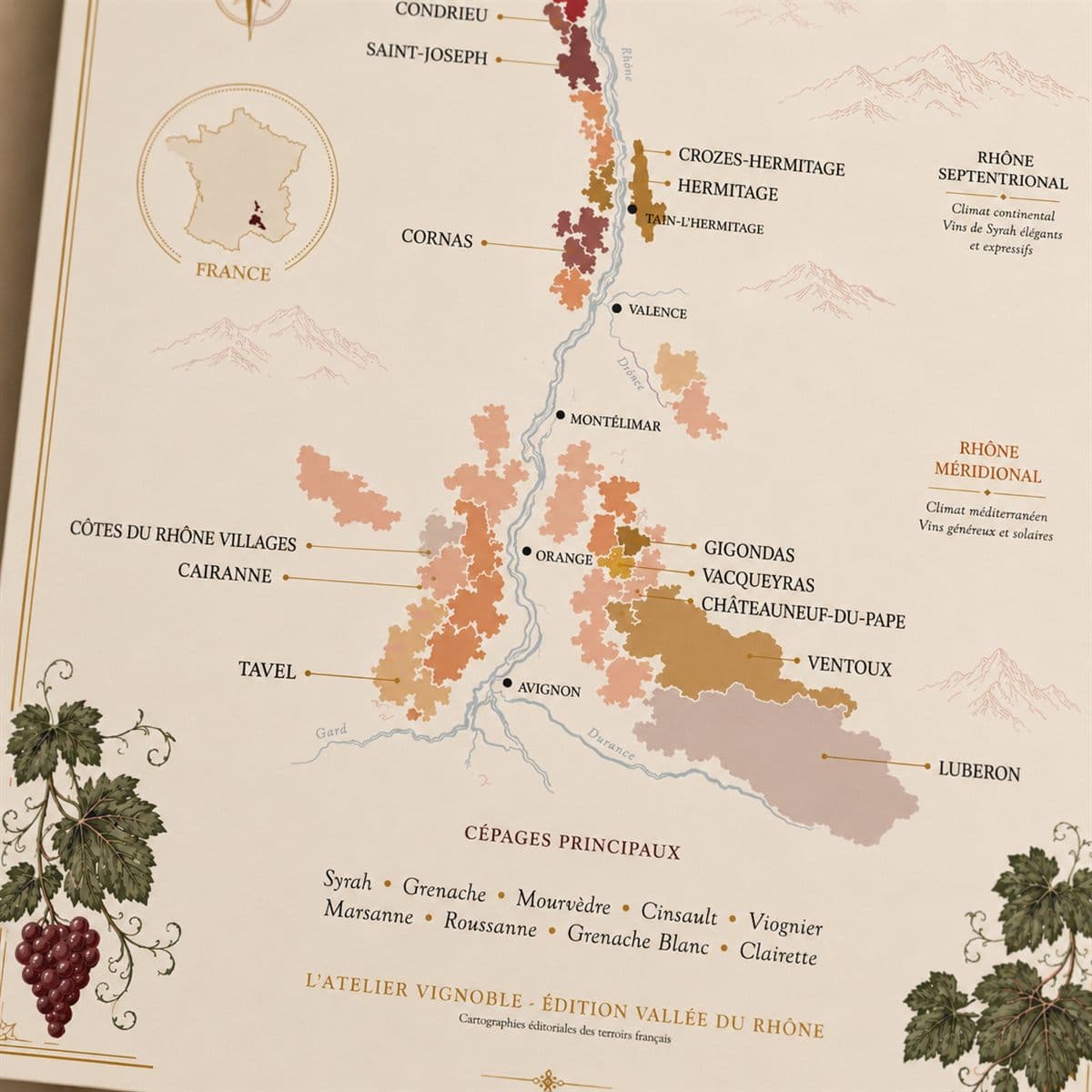 Détail de l'affiche Vallée du Rhône : titre et carte des appellations